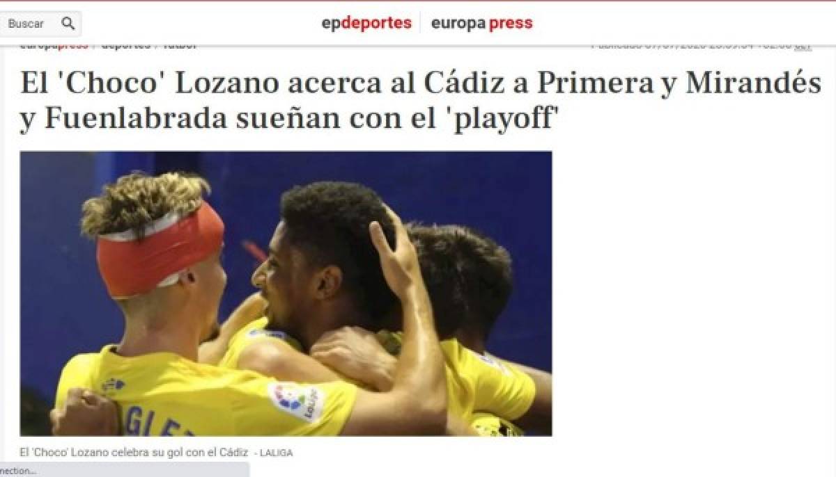 La prensa española se rinde al Choco Lozano tras su gol: 'Está dulce, acerca al Cádiz a Primera'