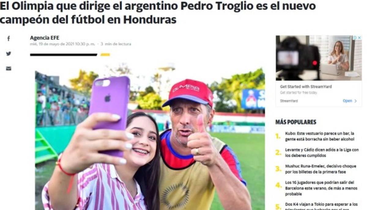 Prensa internacional sobre el tricampeonato de Olimpia ante Motagua y así destacan a Pedro Troglio