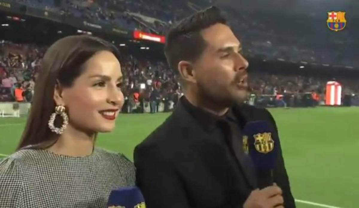 Carmen Villalobos y Sebastián Caicedo reciben en el Camp Nou su mejor regalo de bodas