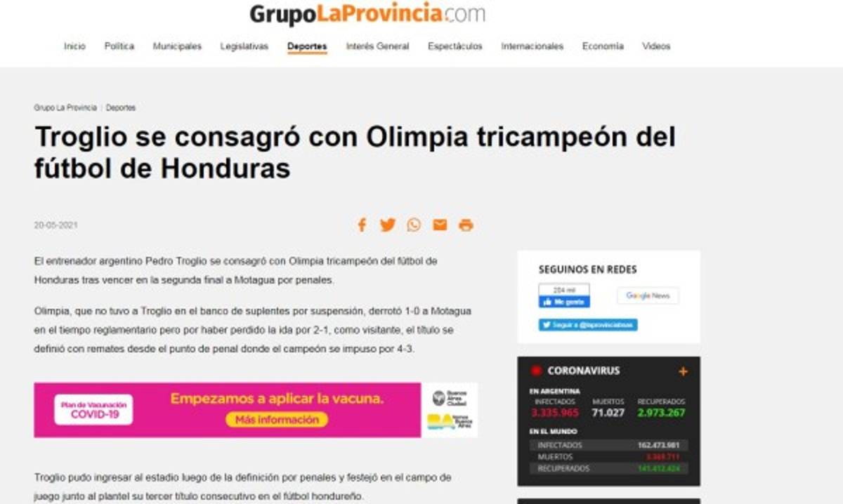 Prensa internacional sobre el tricampeonato de Olimpia ante Motagua y así destacan a Pedro Troglio