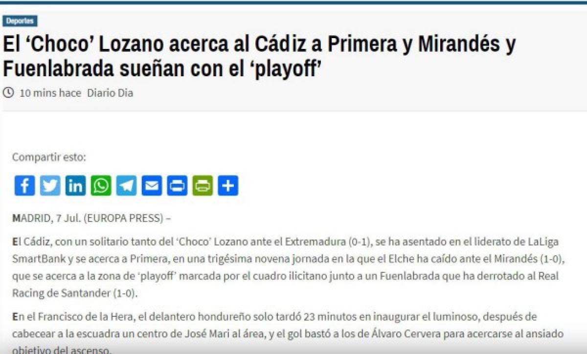 La prensa española se rinde al Choco Lozano tras su gol: 'Está dulce, acerca al Cádiz a Primera'