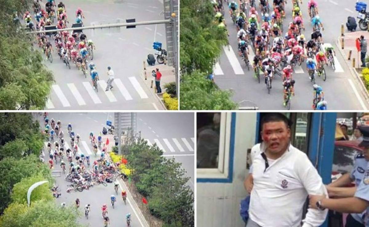 Hombre se mete en medio de una carrera y provoca un caos en China