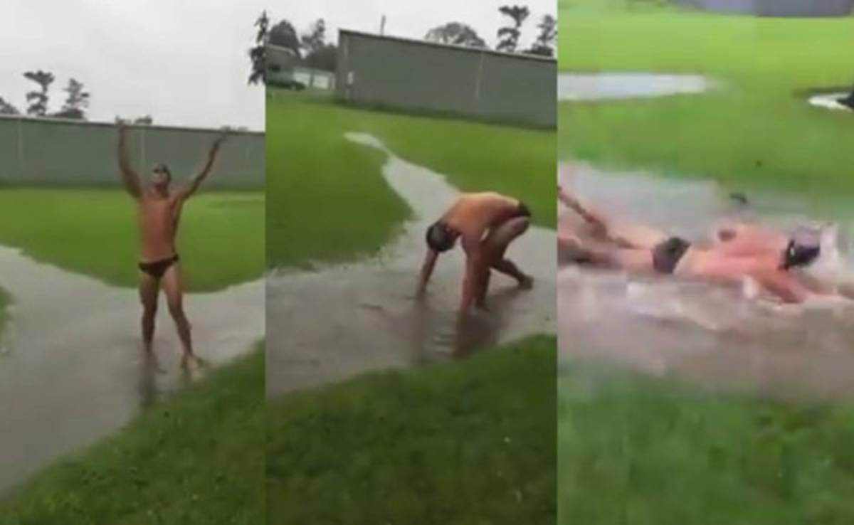 VIDEO: Hombre se lanza a charco imitando a Michael Phelps