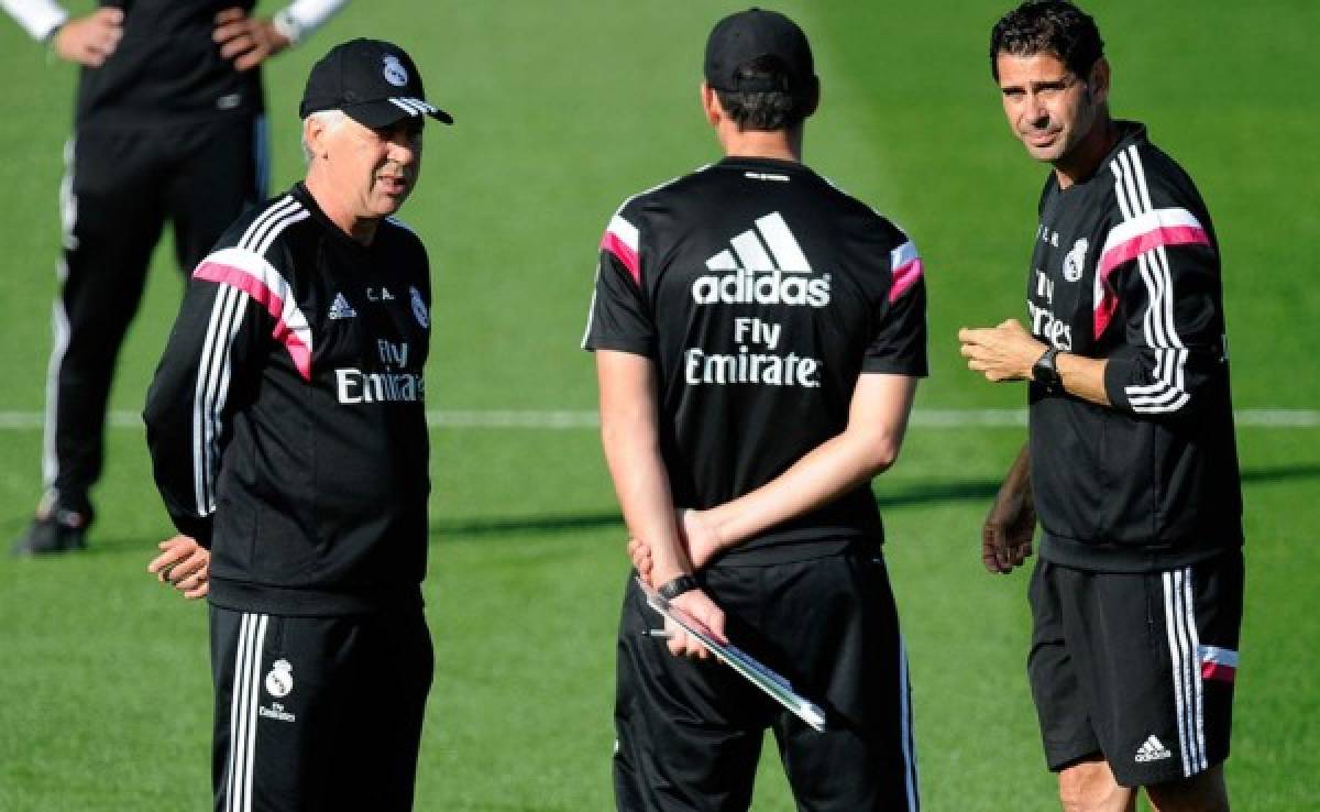 Ancelotti y Hierro se divierten en un entrenamiento con los ausentes de Copa