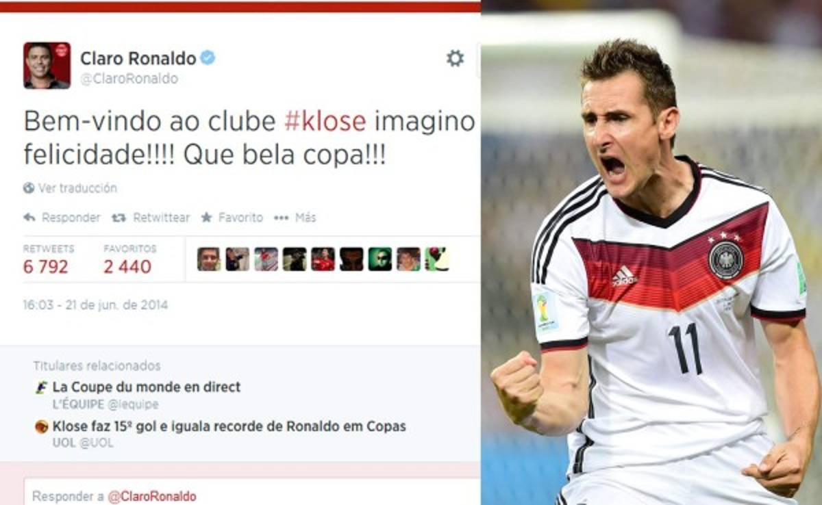 Ronaldo felicita a Klose por igualar su récord de goleo