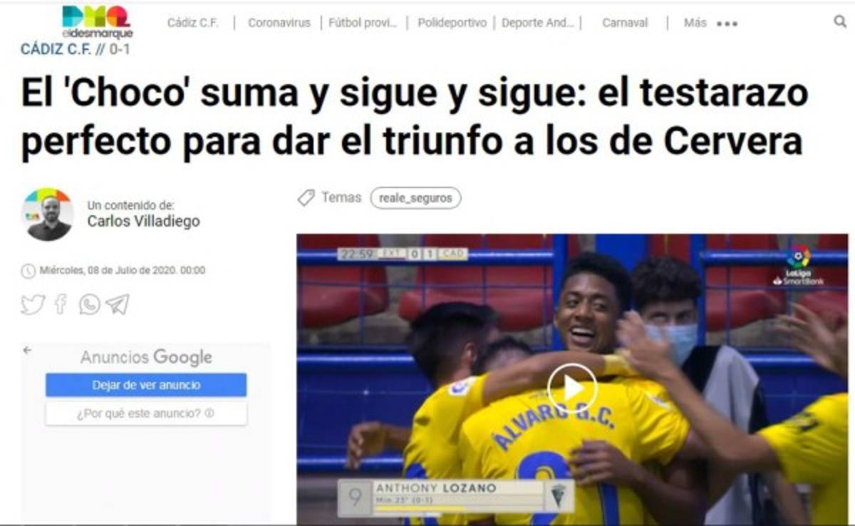La prensa española se rinde al Choco Lozano tras su gol: 'Está dulce, acerca al Cádiz a Primera'