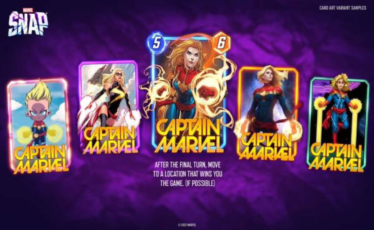 Algunas de las variantes de cartas de la Capitana Marvel con las que contará Marvel Snap.