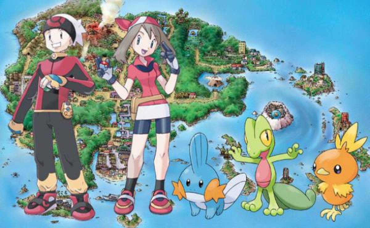 El mapa de la región de Hoenn, los personajes protagonistas y los tres Pokémon iniciales.