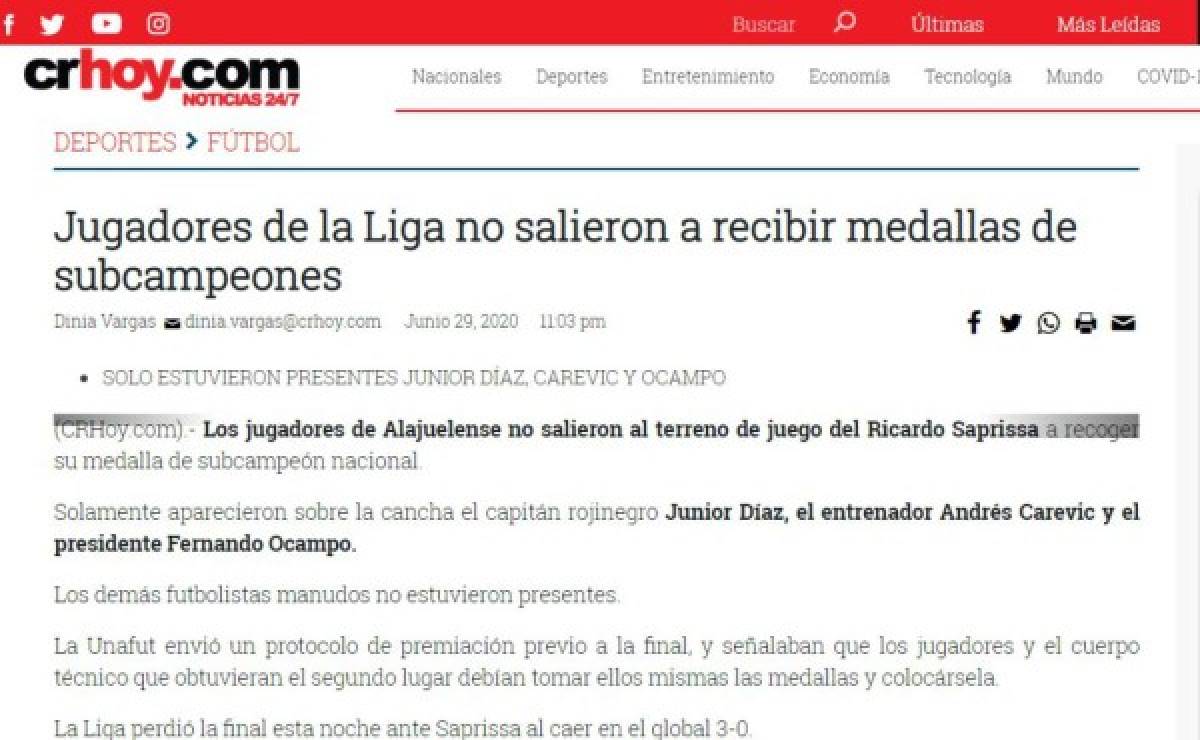 Prensa tica destroza al Alajuelense por su pobre juego y alaba la conquista de Centeno y Saprissa