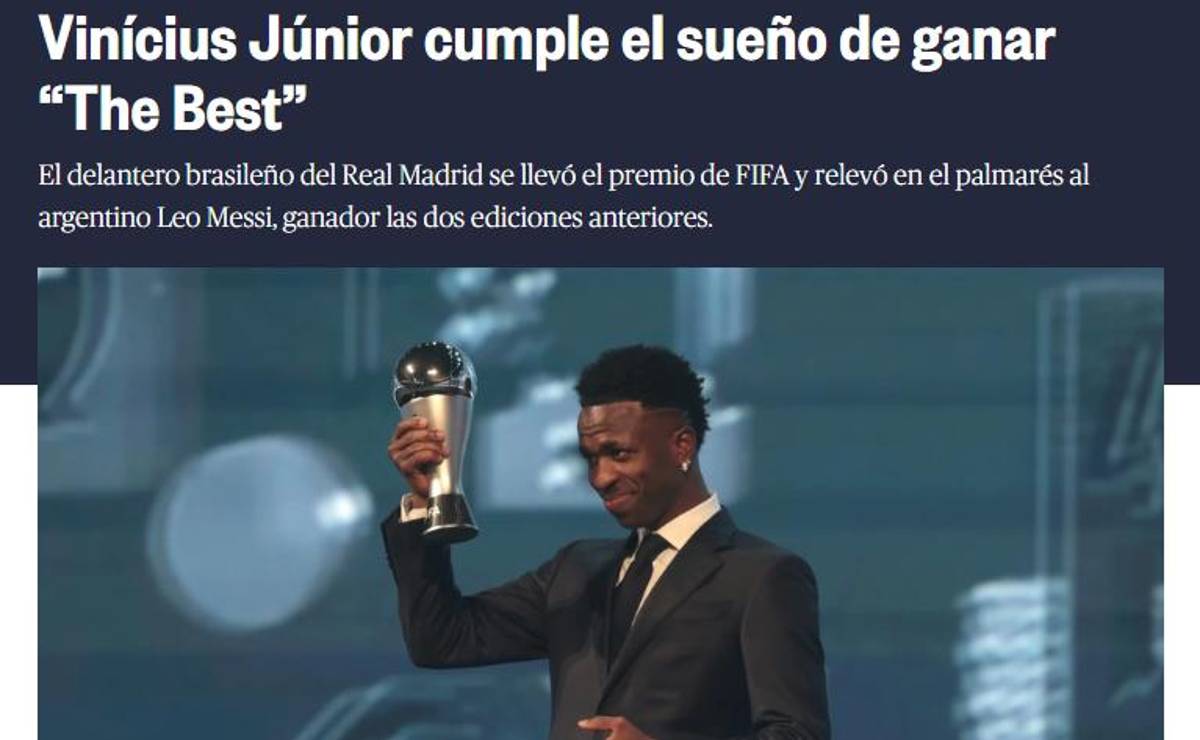 Vinicius ganó el premio The Best y la prensa reacciona: “Aquí sí asiste el Madrid; ya es mucho más grande que Neymar”