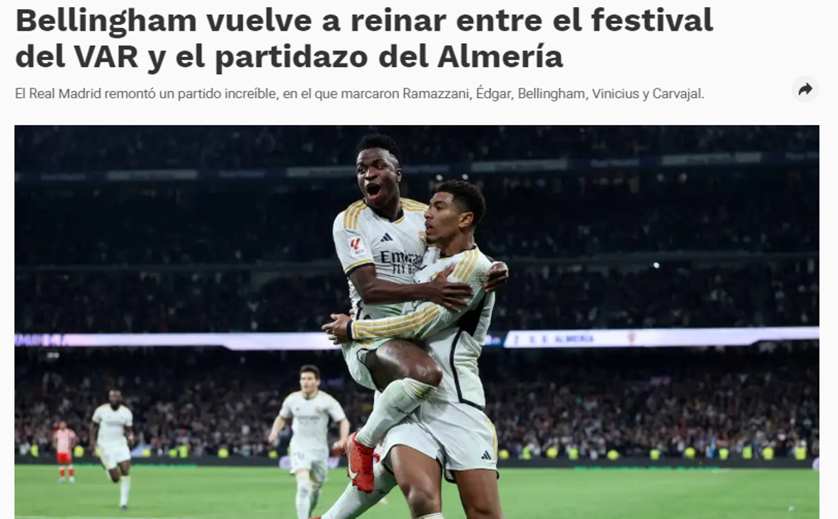 La feroz publicación del Almería y así reacciona la prensa al “robo” del Real Madrid en el Bernabéu