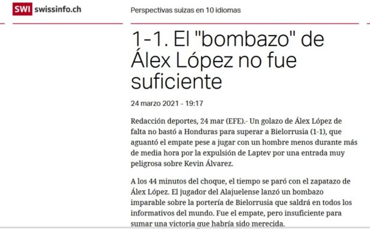 Prensa Internacional elogia a Alex López por su golazo en el empate de Honduras ante Bielorrusia