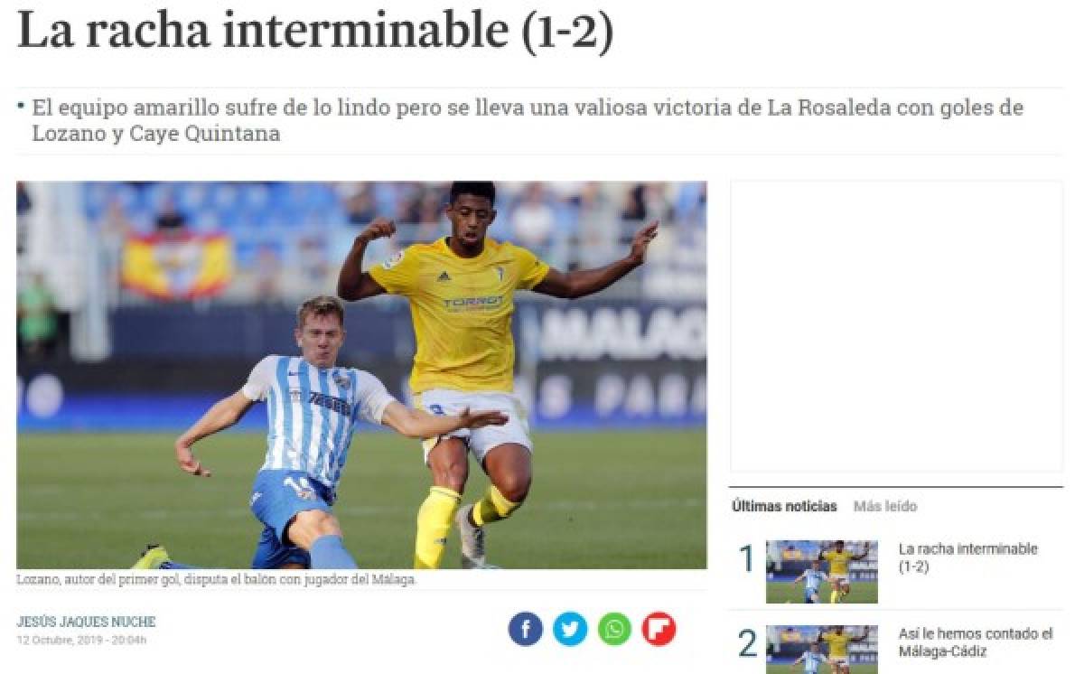 Lo que dice la prensa internacional del Cádiz y el Choco Lozano tras su cuarto gol consecutivo: 'Imparables'