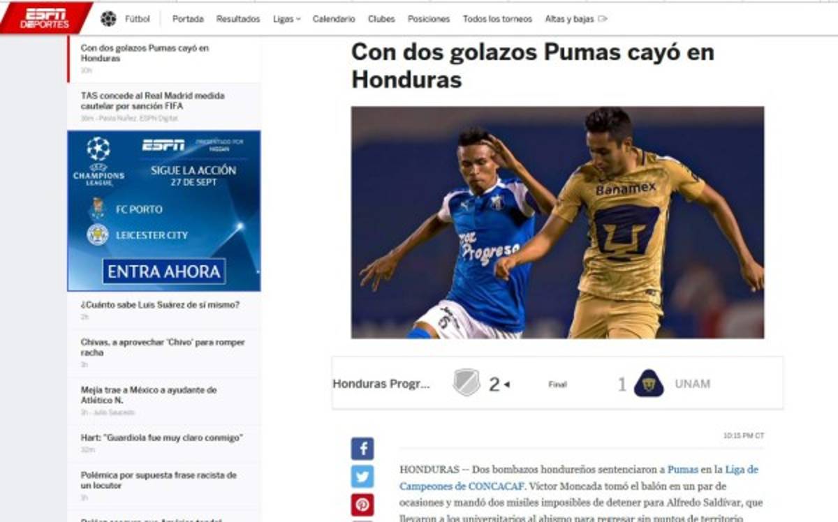 'Suspenso y se ahoga el grito': Así tituló la prensa mexicana derrota de Pumas ante Honduras