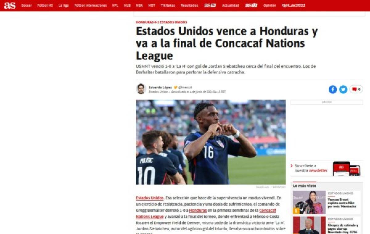 'Bofetada, polémico y con mejor fútbol'; Lo que dice la prensa de la derrota de Honduras ante EUA