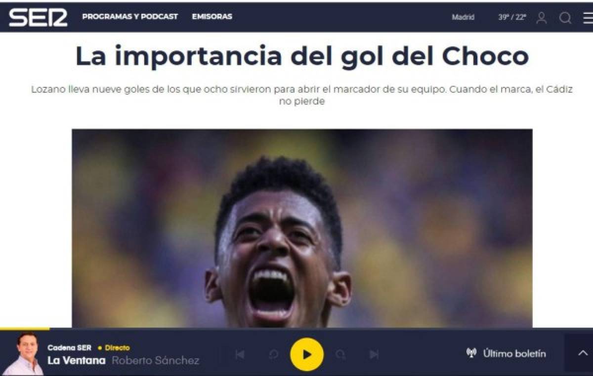 La prensa española se rinde al Choco Lozano tras su gol: 'Está dulce, acerca al Cádiz a Primera'