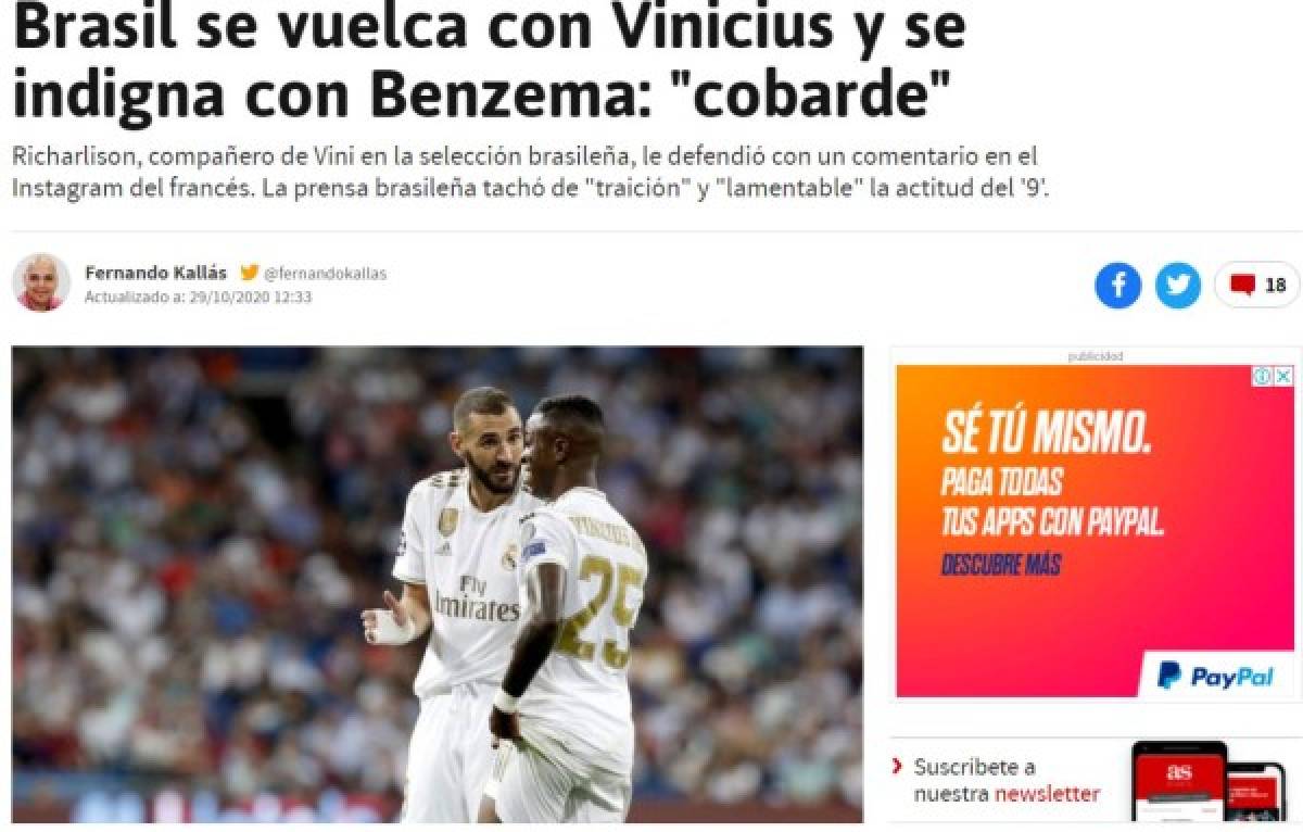 'Benzema fue antiético, cobarde y ridículo': La prensa de Brasil e internacional sobre el ataque a Vinicius   