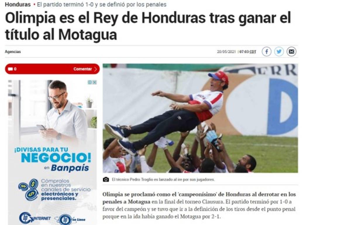 Prensa internacional sobre el tricampeonato de Olimpia ante Motagua y así destacan a Pedro Troglio