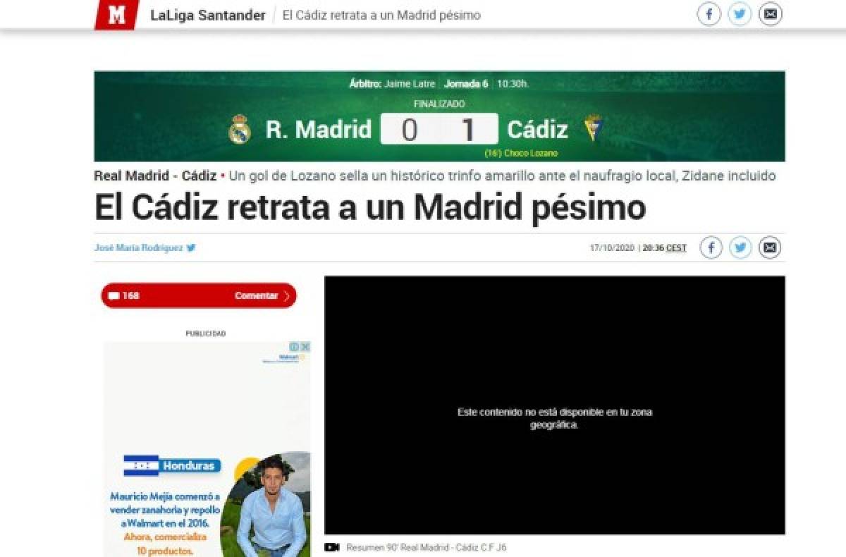 Lo que dijo la prensa mundial sobre el triunfo del Cádiz ante Real Madrid gracias al 'Choco' Lozano