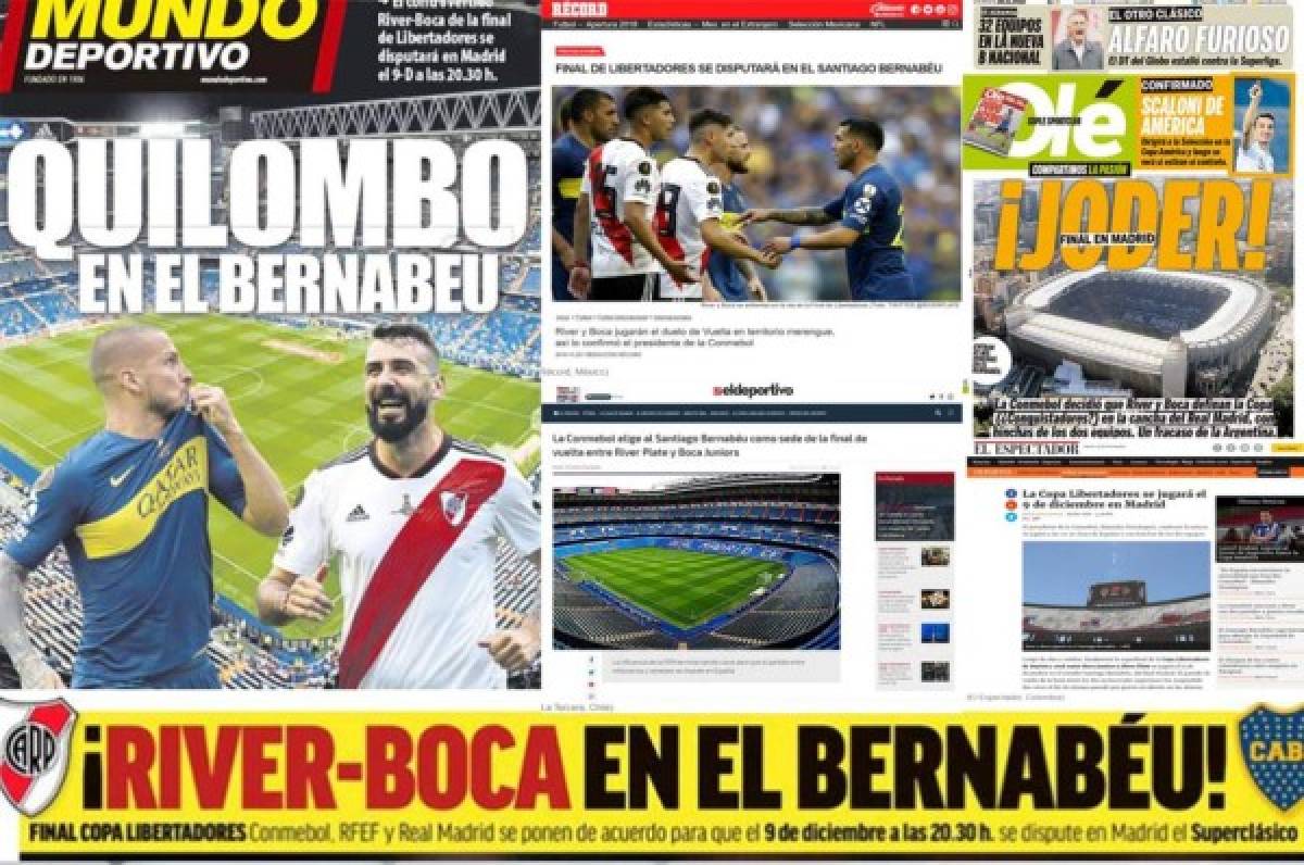 La final de la Copa Libertadores en el Bernabéu se roba la portadas del mundo