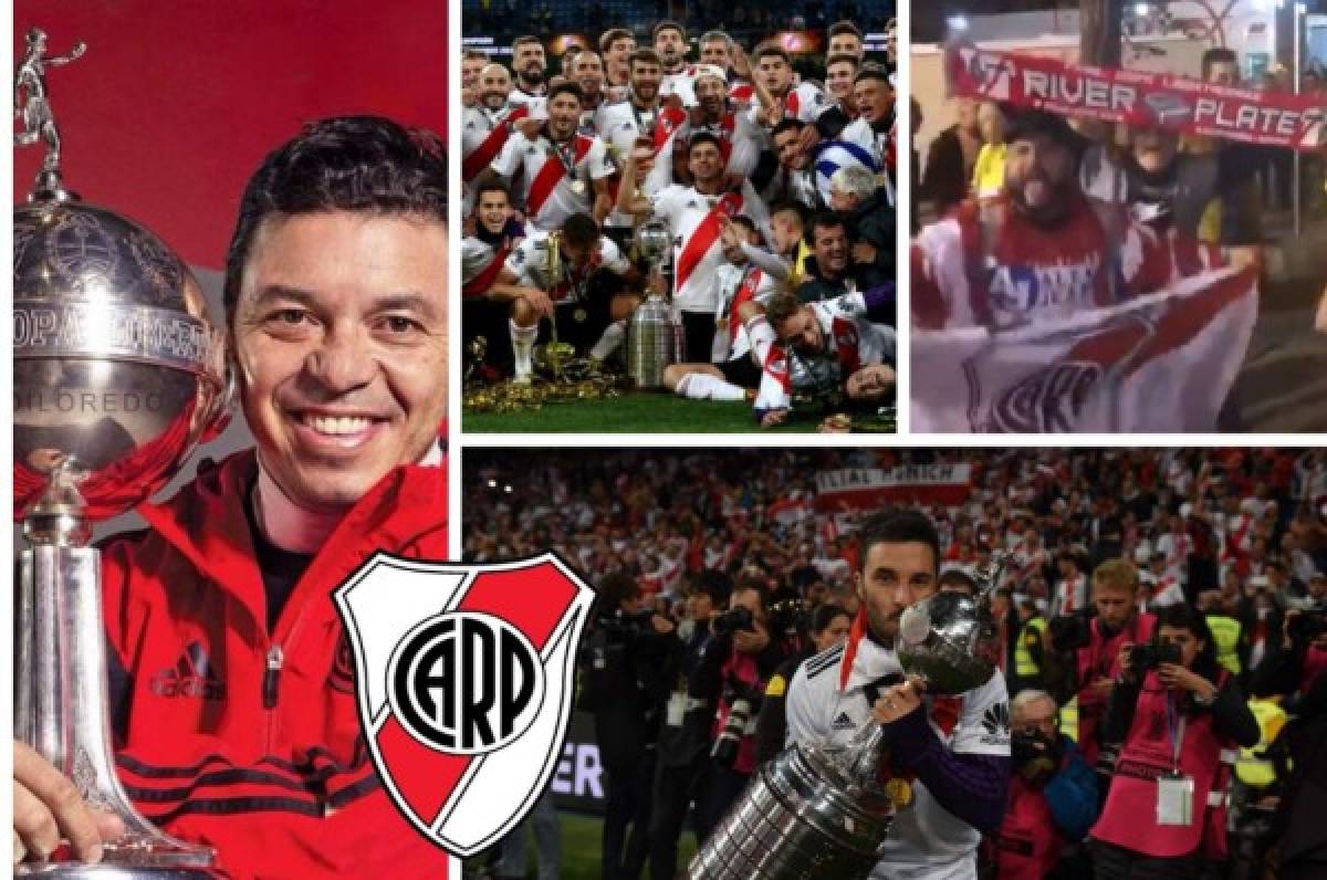 El júbilo de los aficionados de River Plate tras conseguir la Copa Libertadores en el Bernabéu