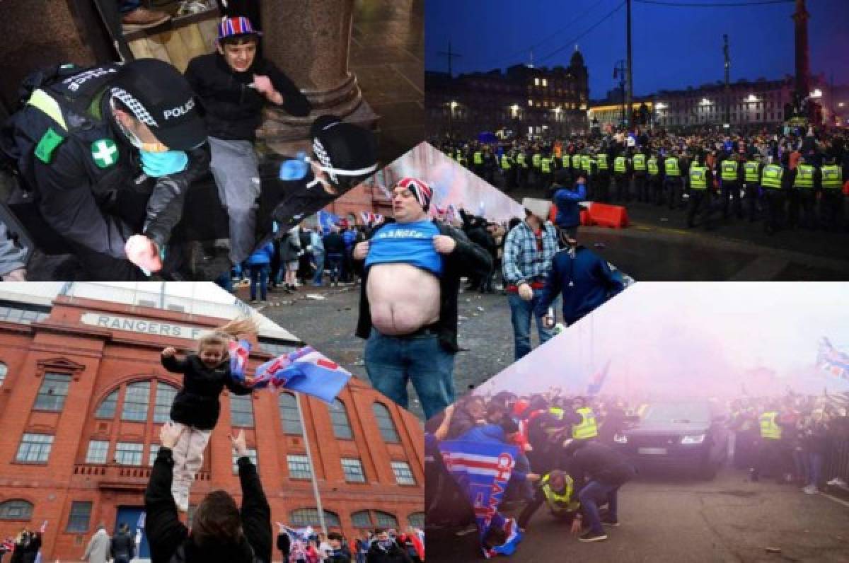 Niños heridos, policías y botellas al aire: Así fue la eufórica celebración de la afición del Rangers de Escocia tras campeonizar