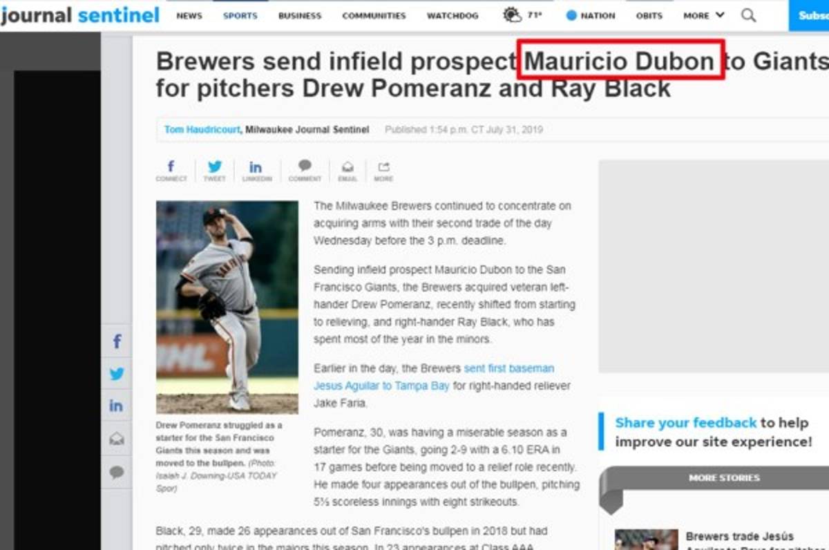 La prensa de EUA hace eco del traspaso de Mauricio Dubón a Giants