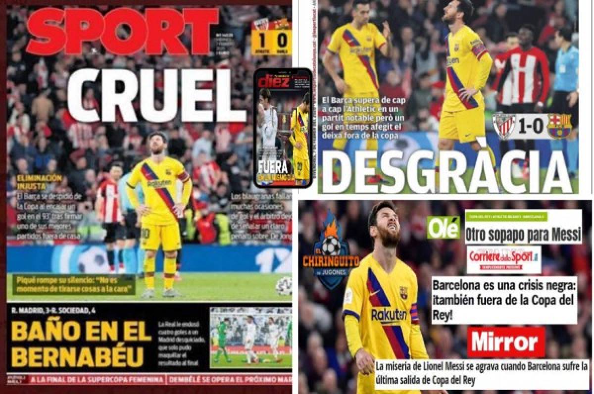 Barcelona-Real Madrid, las portadas tras la eliminación de Copa del Rey: 'Baño y otro sopapo para Messi'