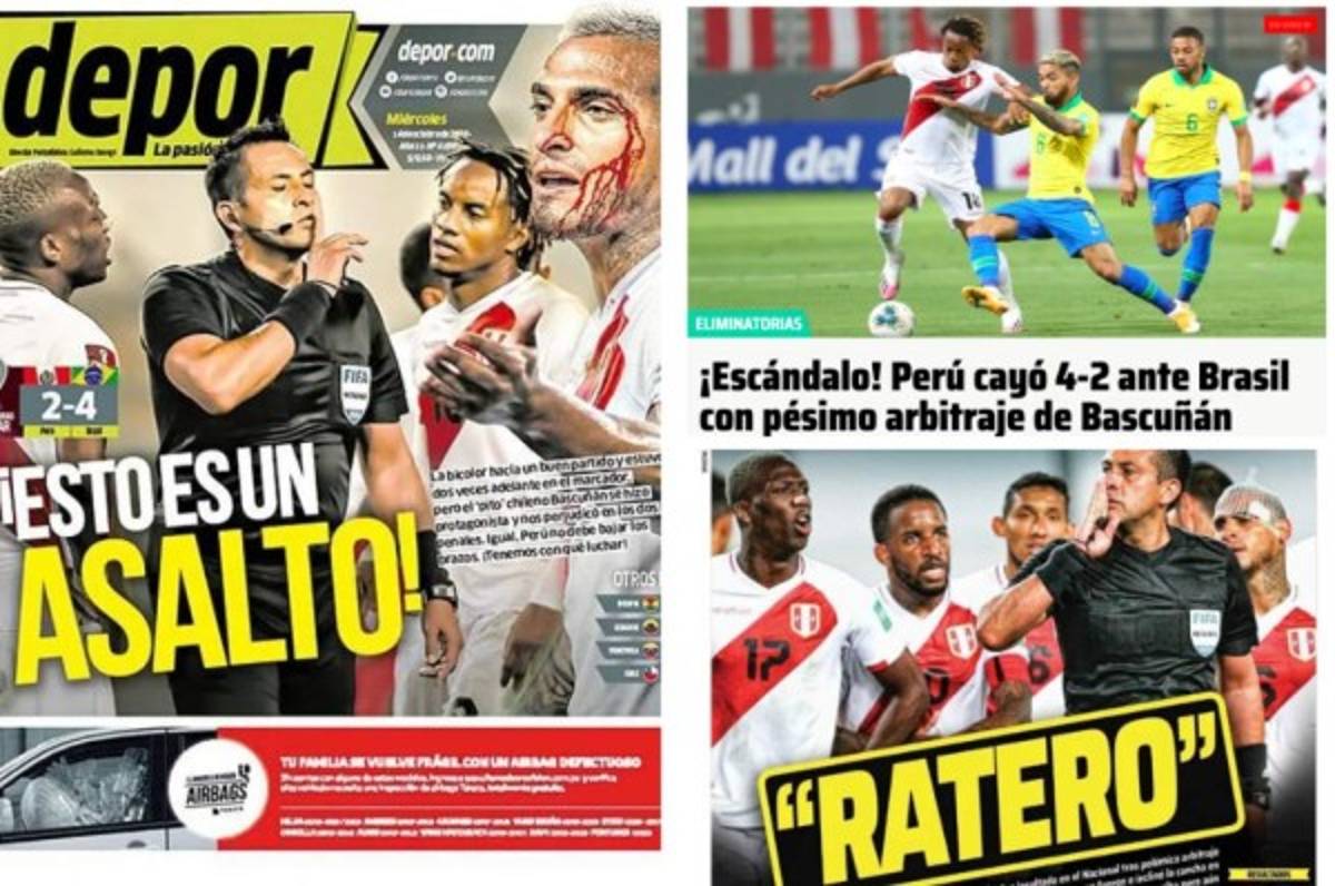 'Árbitro ratero y robo': Así reaccionó la prensa peruana tras del polémico partido ante Brasil    