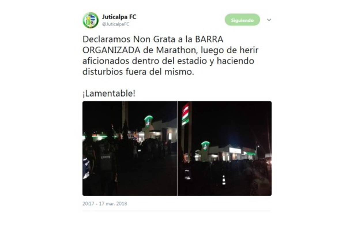 Juticalpa reprocha agresión de la barra del Marathón a sus aficionados y los declaran 'non grato'