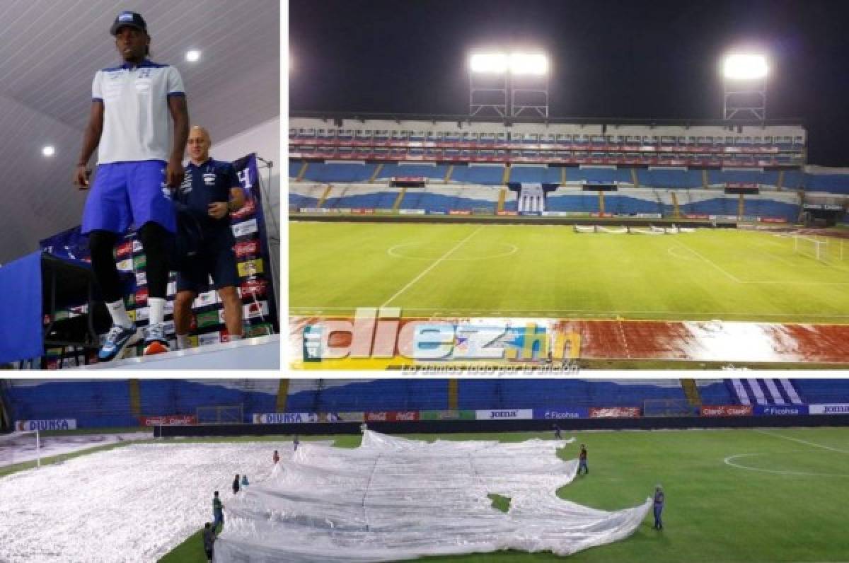 Aguacero: La lluvia suspendió el entrenamiendo de Honduras y cubrieron el césped con una lona