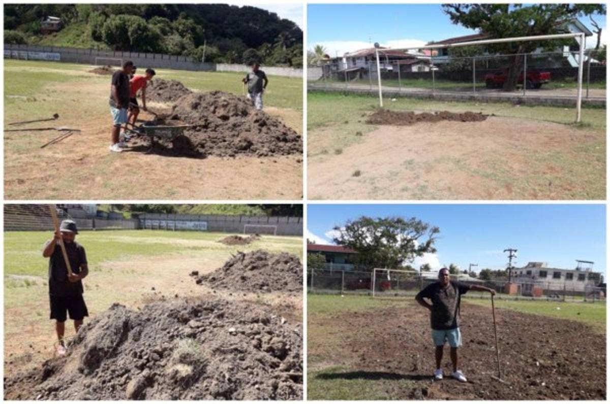 A cuatro días de jugar el Olimpia en Roatán están reparando la cancha