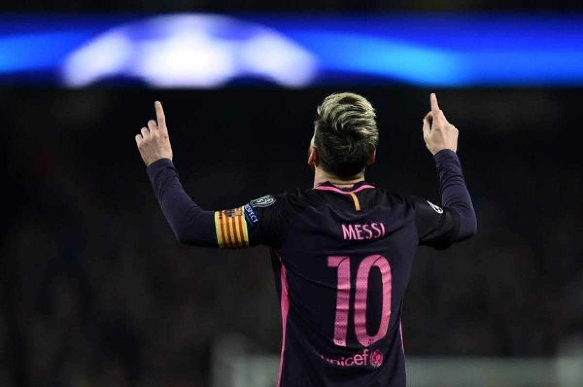 Lío Messi celebrando su octavo gol en la Champions League. AFP