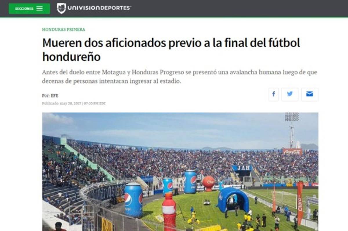 ¡TRISTEZA! La prensa mundial hace eco de la tragedia en la final de Honduras