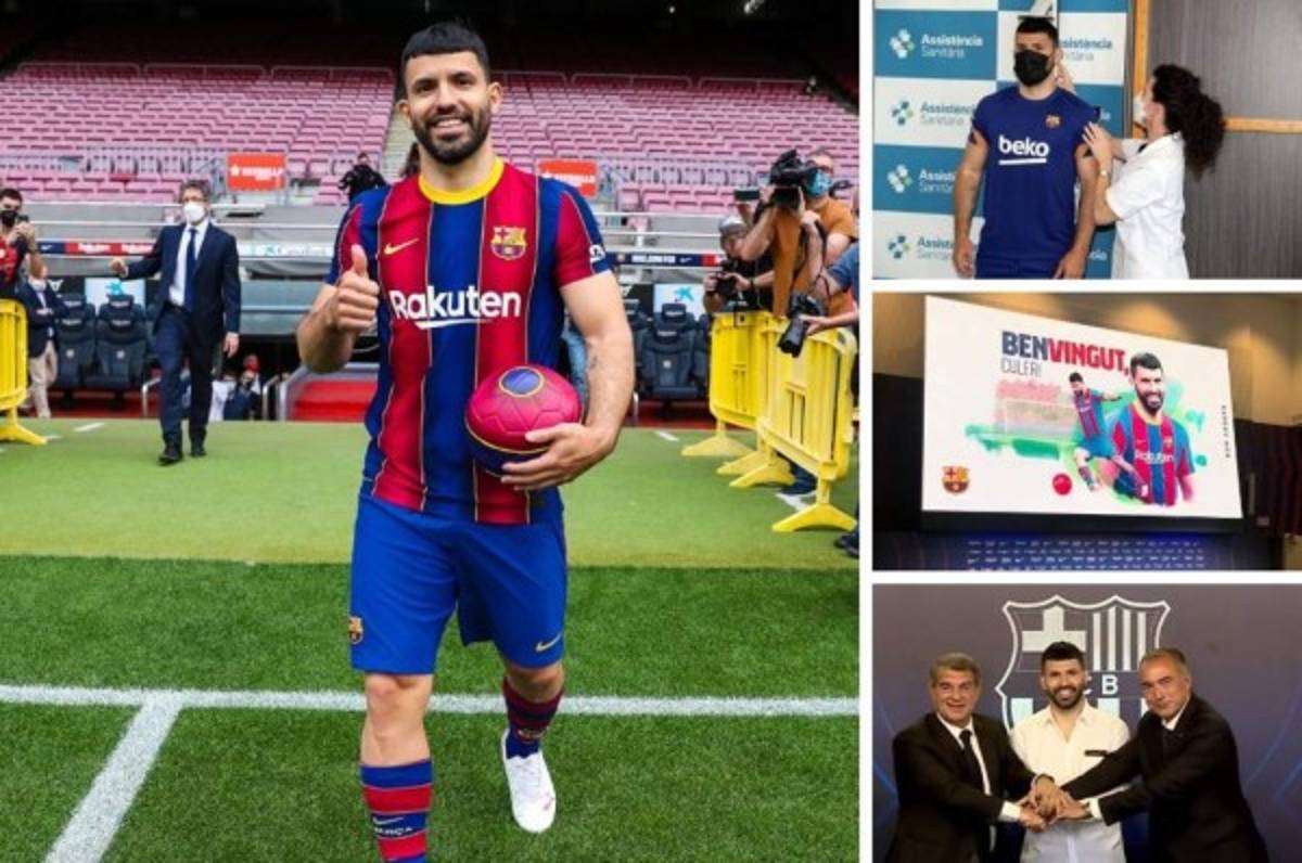 Las imágenes de la presentación del Kun Agüero en Barcelona: Gesto de Laporta y firma de contrato