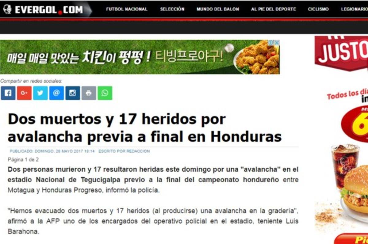 ¡TRISTEZA! La prensa mundial hace eco de la tragedia en la final de Honduras