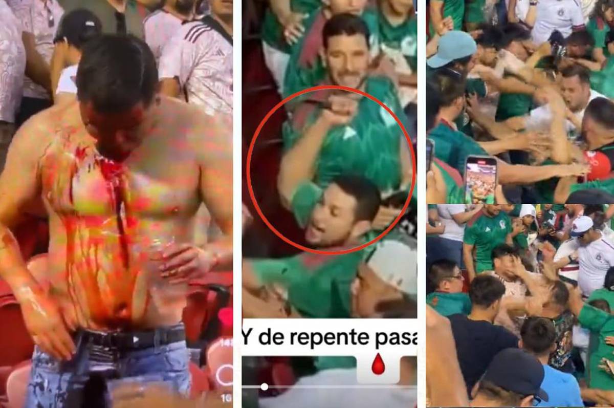 Cuchillo en mano: salvaje pelea entre mexicanos deja aficionado ensangrentado durante un partido en Copa Oro