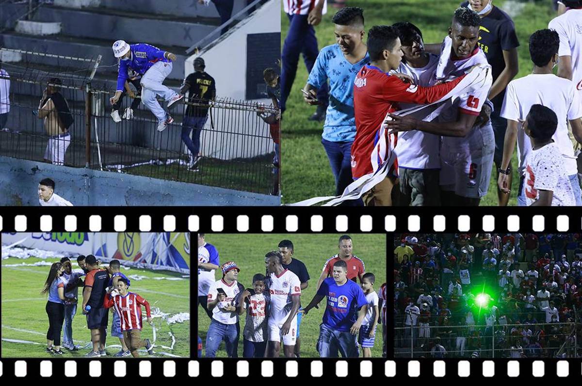 ¡Fiesta! La Ultrafiel invadió la cancha del Ceibeño y se lanzó encima de los jugadores de Olimpia festejando el pase a la final