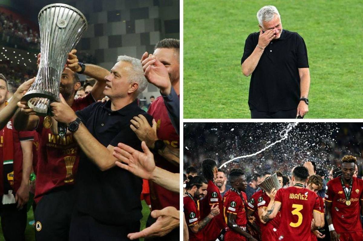 Las lágrimas de Mourinho tras ganar la Conference League con la Roma y el gesto con el que afirma que es el mejor del mundo