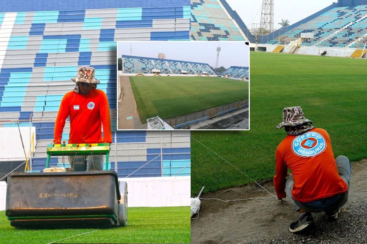 ¡Como mesa de billar! Estadio Morazán luce espectacular nueva grama y comienzan a realizar instalaciones