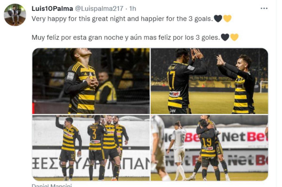 Medio internacional y periodista griego elogian a Luis Palma por el hat-trick que hizo en el triunfo del Aris ante el Lamia