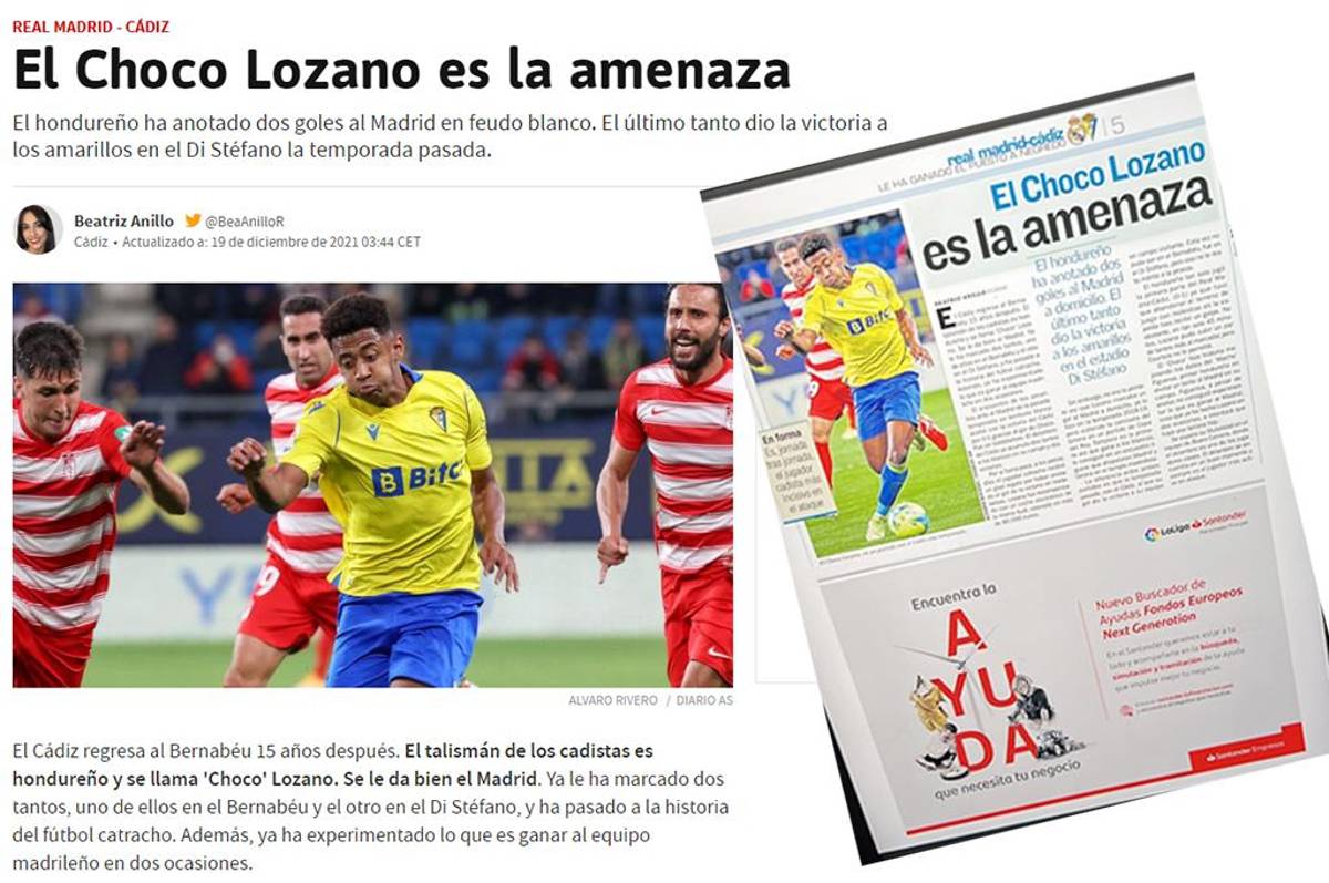 Así mira diario AS de España a Choco Lozano para el juego de hoy ante Real Madrid: “Es la amenaza”