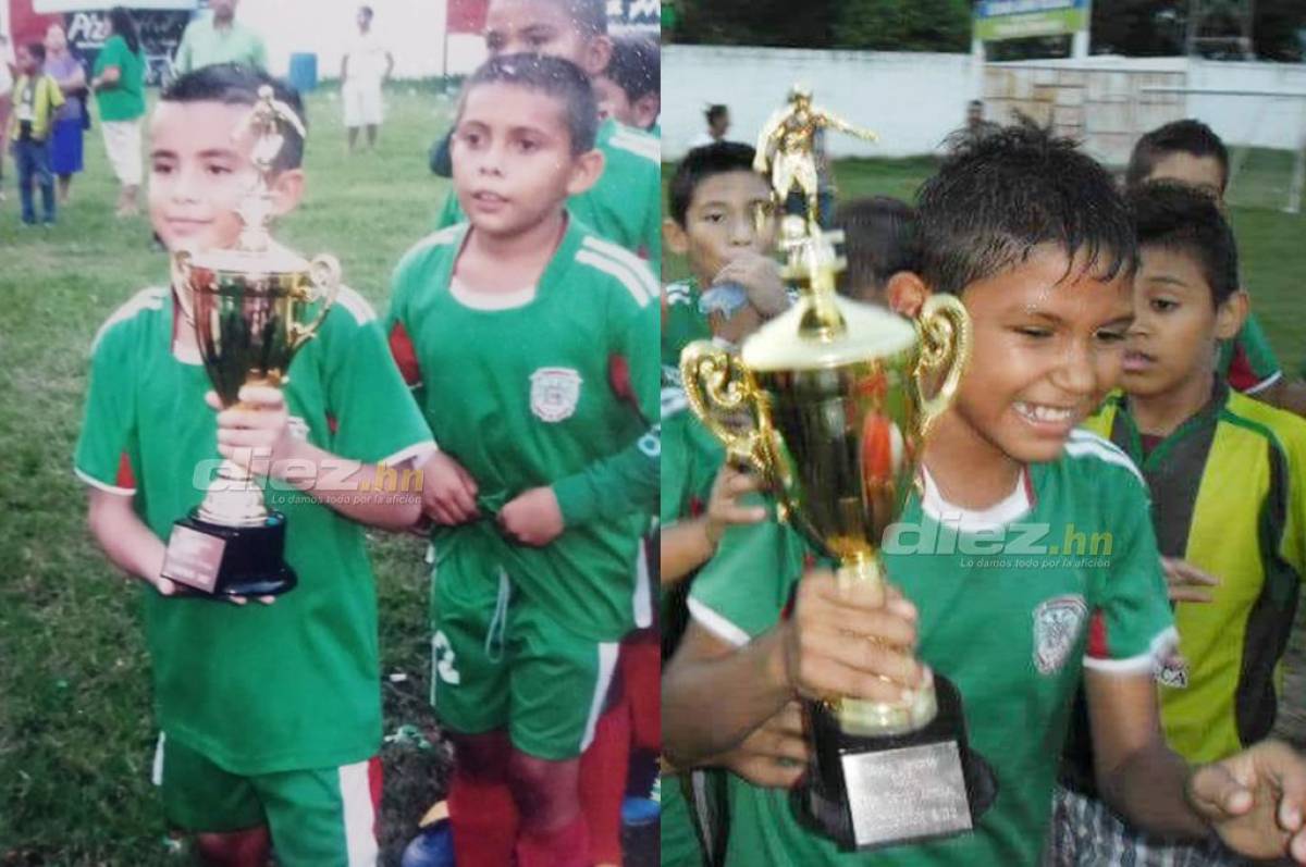 Los futbolistas Isaac Castillo cuando fue campeón con cinco años en Marathón y Luis Fernando Vega en las inferiores verdolagas con 9 años.