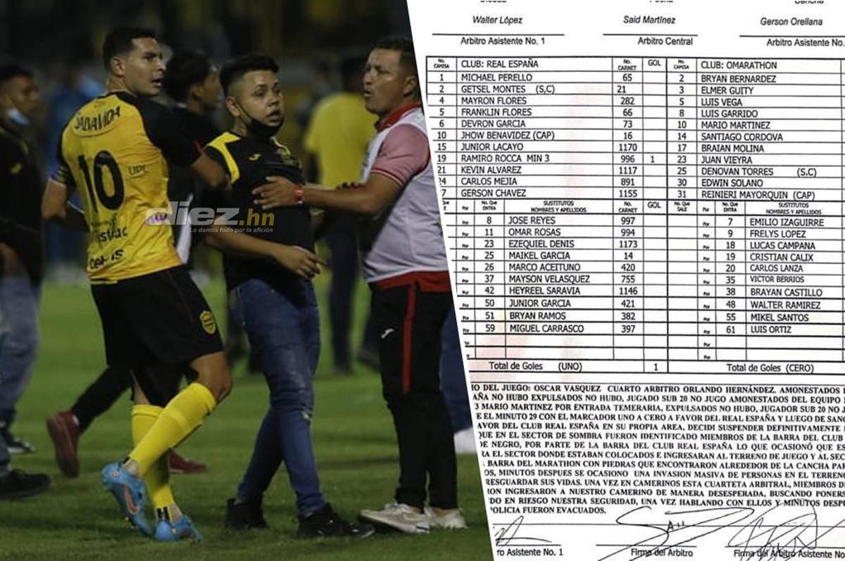 Lo que dice el acta arbitral sobre el violento clásico entre Real España y Marathón en el Morazán