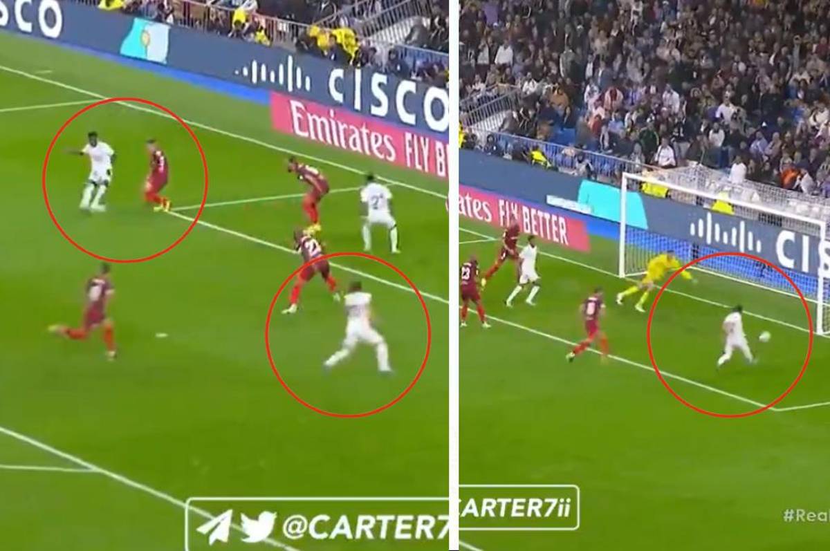 ¿Cómo metió eso allí? La alucinante asistencia de Vinicius: pase antológico en el área y Real Madrid hace golazo ante Sevilla