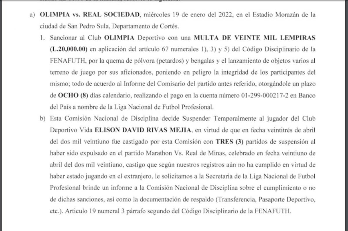 El informe de la Comisión de Discplina de la Jornada 1.