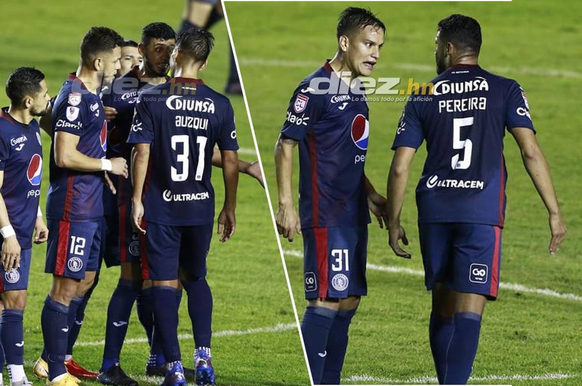 Fuerte pelea entre jugadores de Motagua: Marcelo Pereira y Diego Auzqui se dicen de todo y casi se pelean en pleno terreno de juego