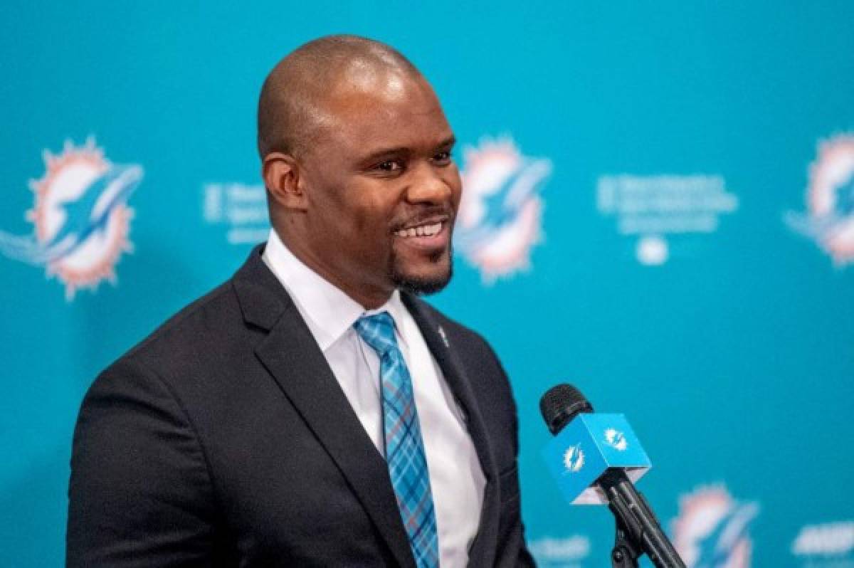 DAVIE, FL - FEBRUARY 04: Brian Flores speaks during a press conference as he is introduced as the new Head Coach of the Miami Dolphins at Baptist Health Training Facility at Nova Southern University on February 4, 2019 in Davie, Florida. Mark Brown/Getty Images/AFP