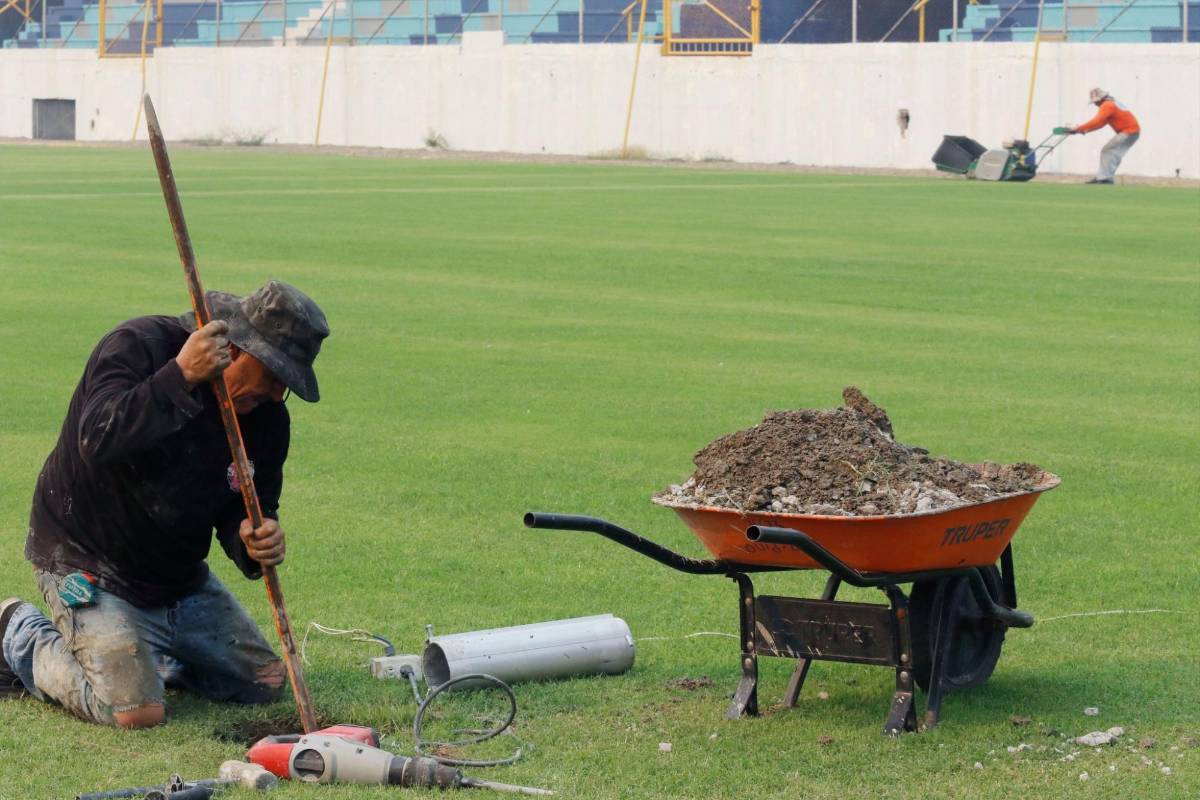 ¡Como mesa de billar! Estadio Morazán luce espectacular nueva grama y comienzan a realizar instalaciones