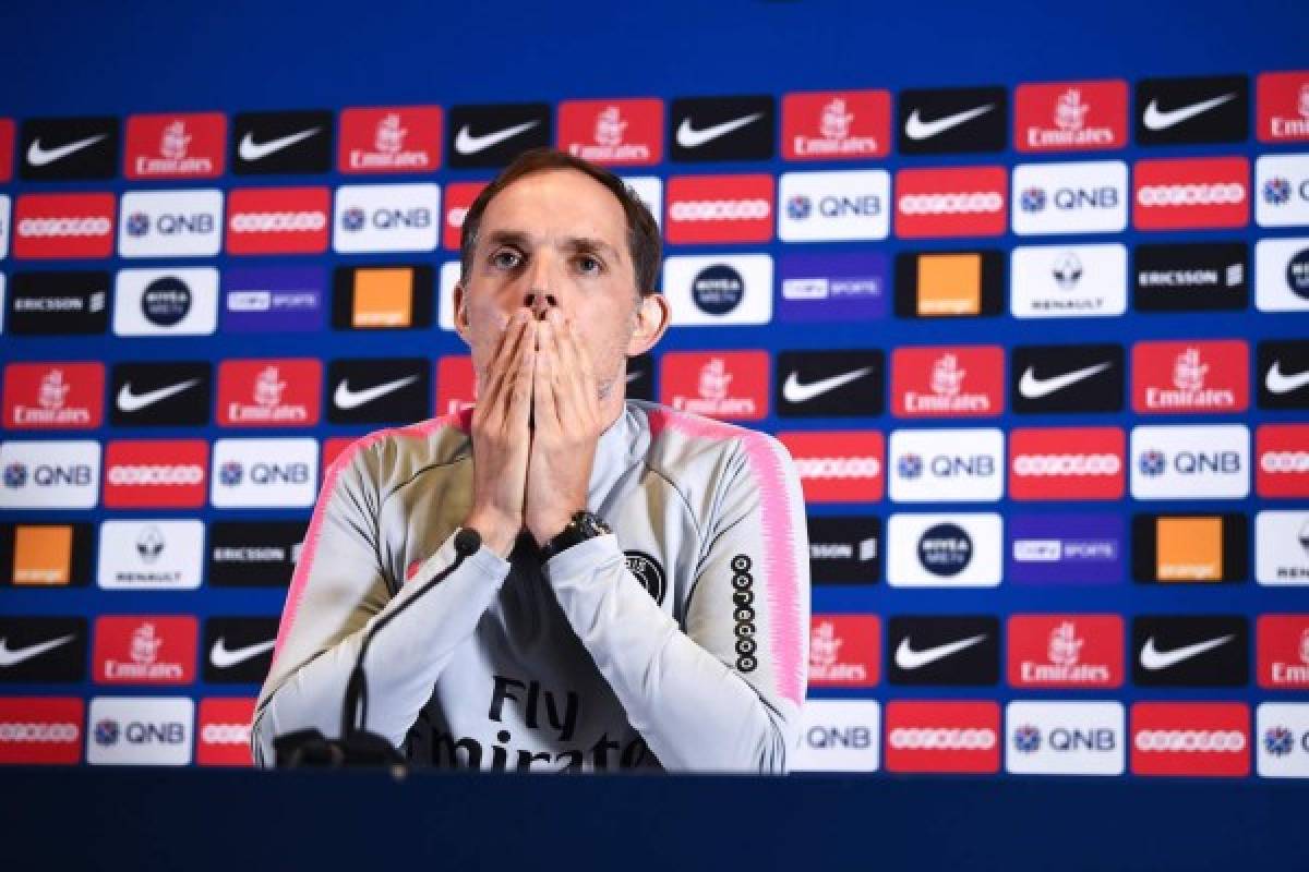 Paris Saint-Germain's German coach Thomas Tuchel answers questions during a press conference at the club's Camp des Loges in Saint-Germain-en-Laye, near Paris on April 29, 2019. - The French Cup final between Paris Saint-Germain and Rennes on April 27, went into extra time after finishing 2-2 at the end of 90 minutes at the Stade de France. Rennes beat PSG on penalties to win the French Cup final which they last lifted in 1971. (Photo by Anne-Christine POUJOULAT / AFP)